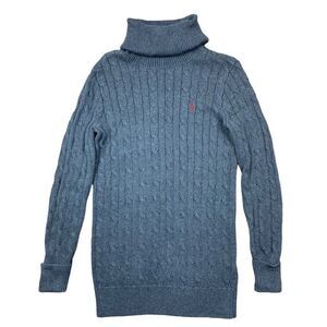 RALPH LAUREN SPORT grey Cable Knit Tunic Length Turtleneck Sweater